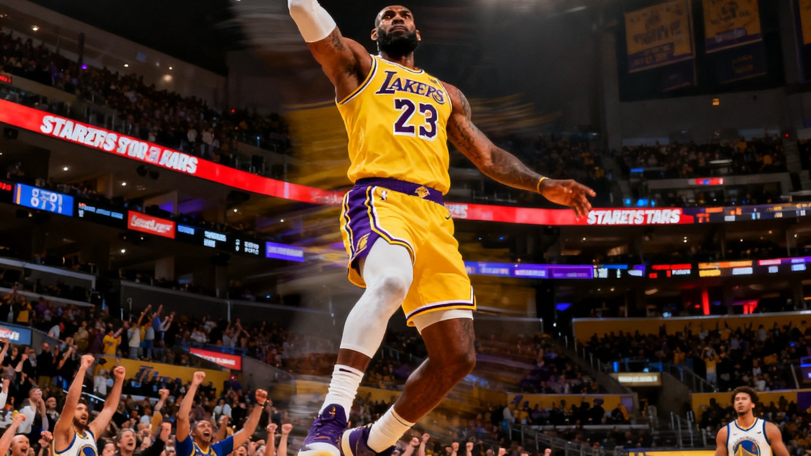 NBA常规赛湖人主场对阵勇士的集锦封面，詹姆斯在第四节关键时刻的突破灌篮特写，球馆内观众起立欢呼，画面以慢动作捕捉空中姿态